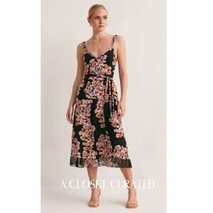 DYVNA Belted Floral Silk Crepe Midi Dress 2 Black Floral NEW